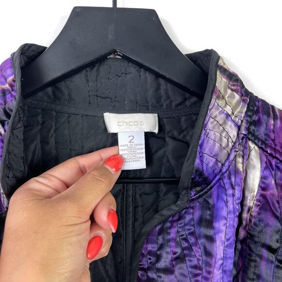 Chico’s Size 2 (L/12) Quilted Jacket Polyester Purple Lightweight Open Front - Picture 4 of 9